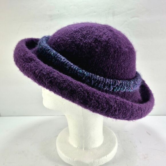 Handmade Purple Felted Wool Hat w/ Green Blue Crochet Band Boho Retro main image 5